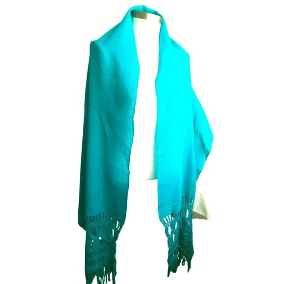 Vintage Teal Woven Shawl With Intricate Macramé Fringe 91x23.5" HS241 - Picture 2 of 6